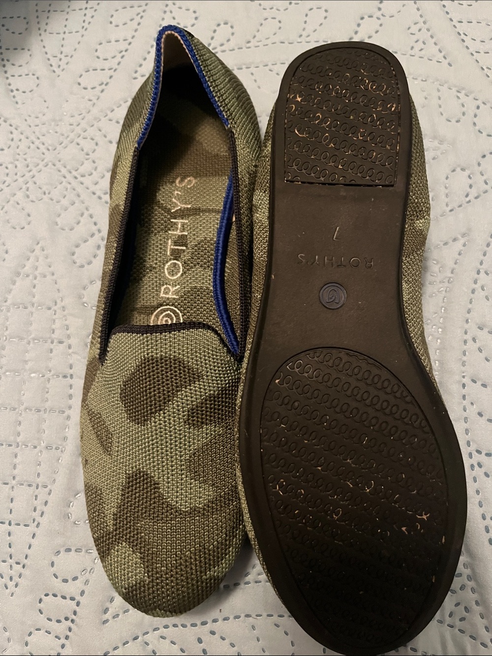 Rothy's Olive Green Camo Slip-On Loafers with Blue Trim